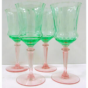 Set of 4 Rare Uranium Glass Wine Stemware Diamond Optic Reverse Green Pink
